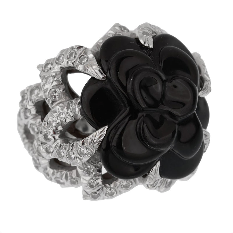 Chanel Camelia Diamond Onyx White Gold Ring 0002156