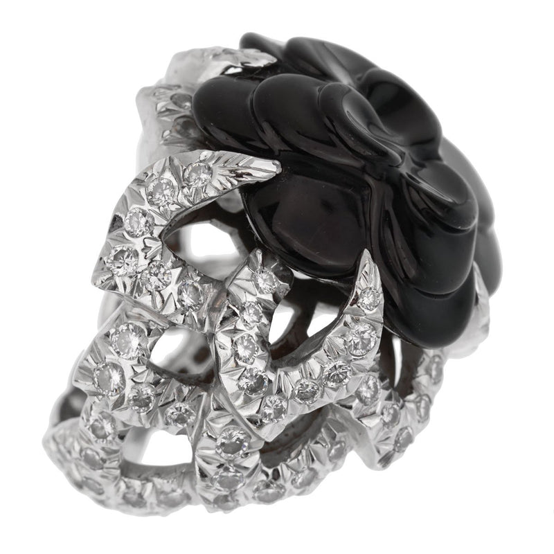 Chanel Camelia Diamond Onyx White Gold Ring 0002156