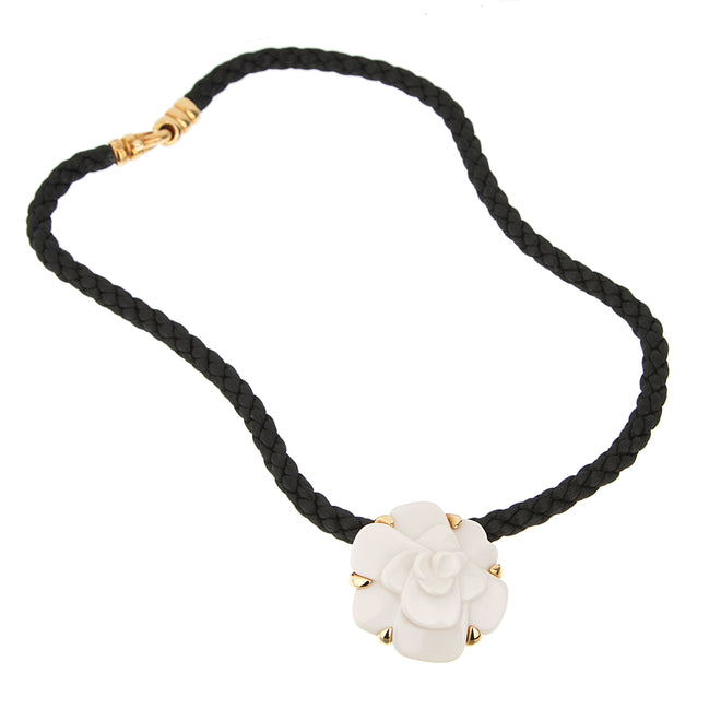 Chanel Camellia Agate Vintage Gold Pendant Necklace