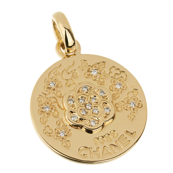 Chanel Camellia Diamond Yellow Gold Pendant Necklace 0003321