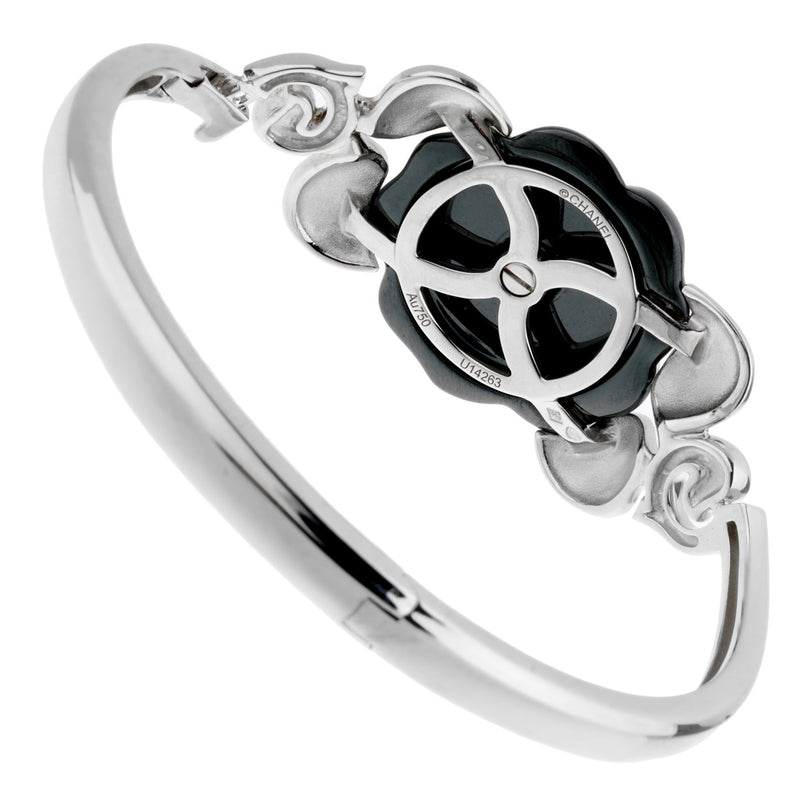 Chanel Camellia Onyx Diamond White Gold Bangle Bracelet 0002659