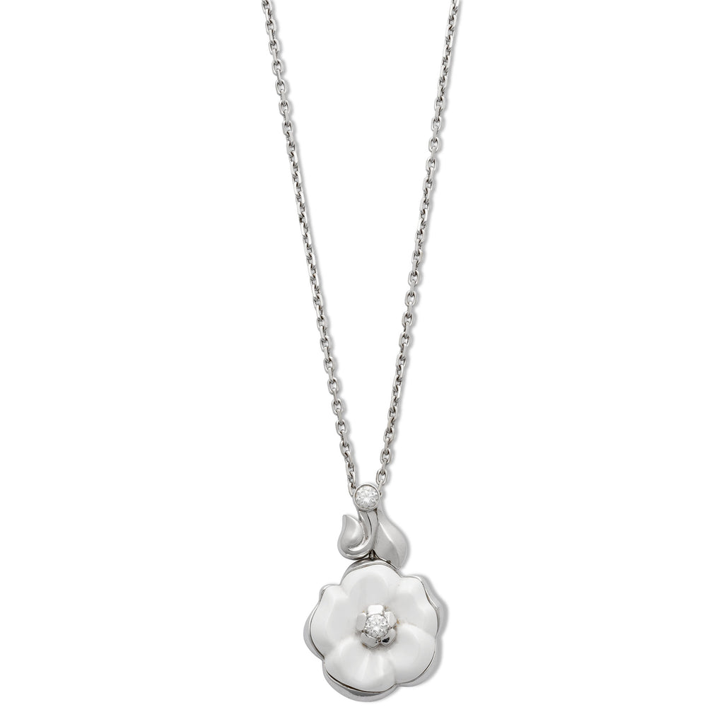 Chanel Camellia White Ceramic Diamond White Gold Necklace