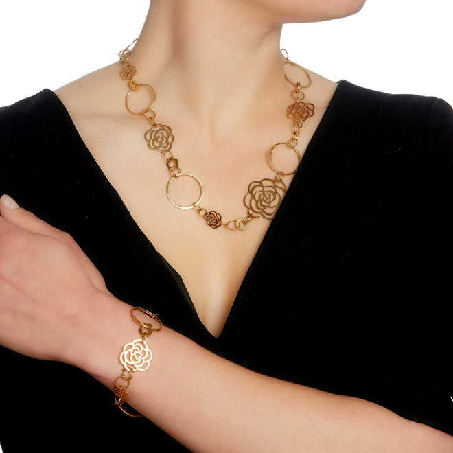 Chanel Camellia Yellow Gold Necklace Bracelet Suite 2CCamS65