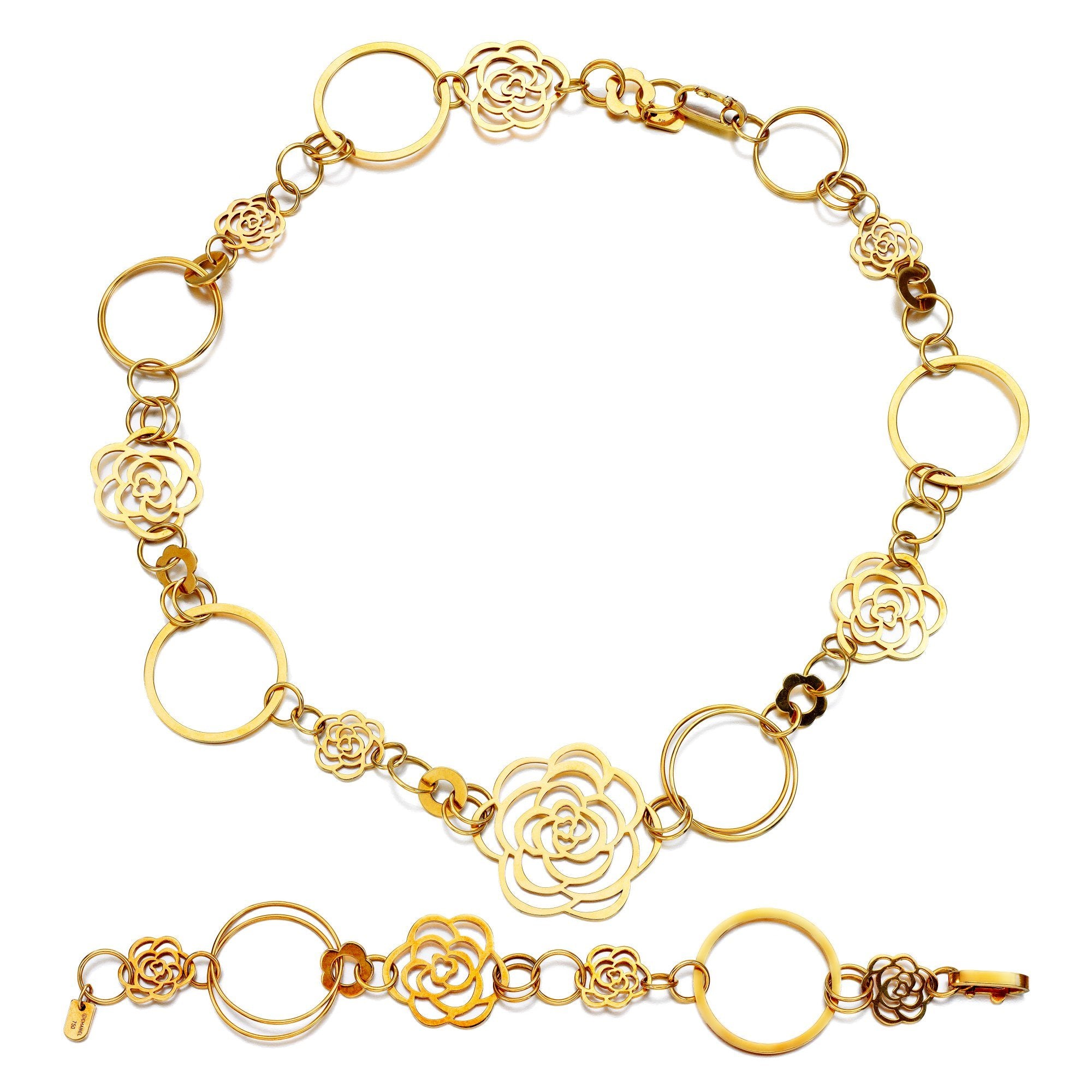 Chanel Camellia Yellow Gold Necklace Bracelet Suite