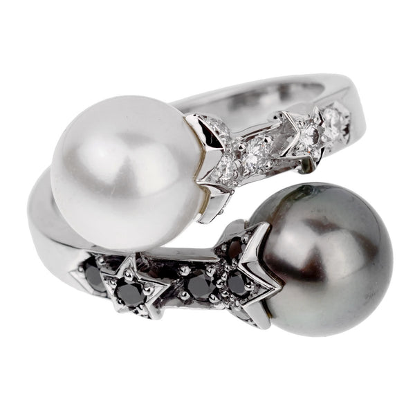 Chanel Diamond Pearl Bypass White Gold Ring 0001869