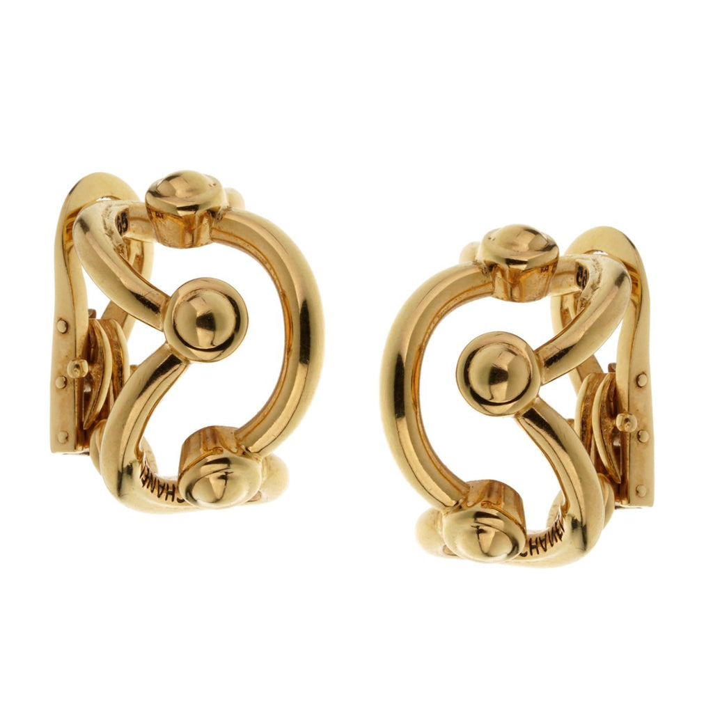 Chanel 2002 Gold and Black Hatched Hoop Earrings · INTO