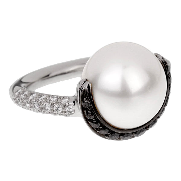 Chanel White Black Diamond Pearl Platinum Ring 0001880