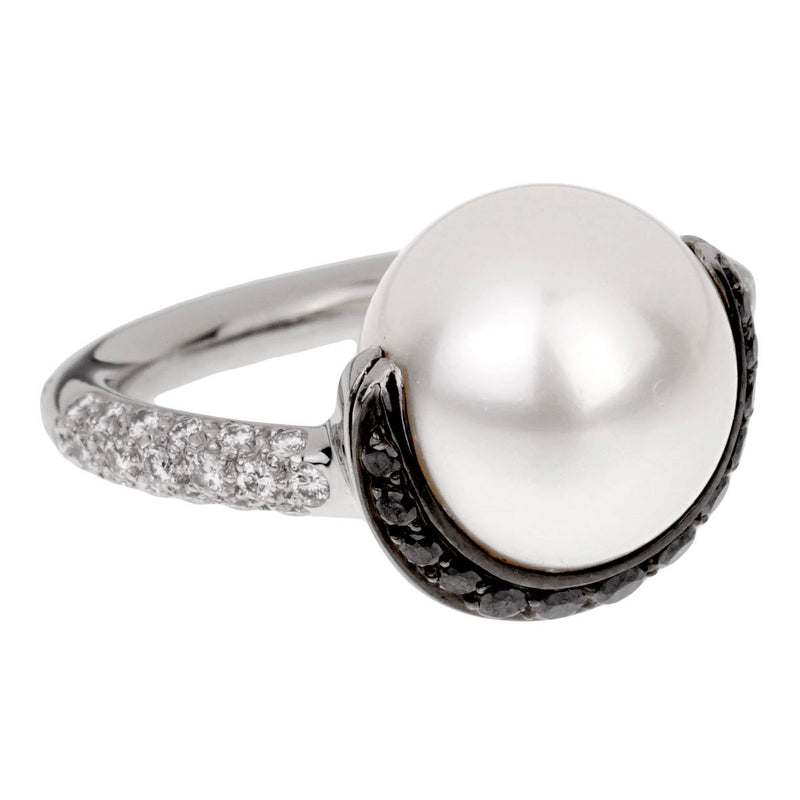 Chanel White Black Diamond Pearl Platinum Ring Sz 6