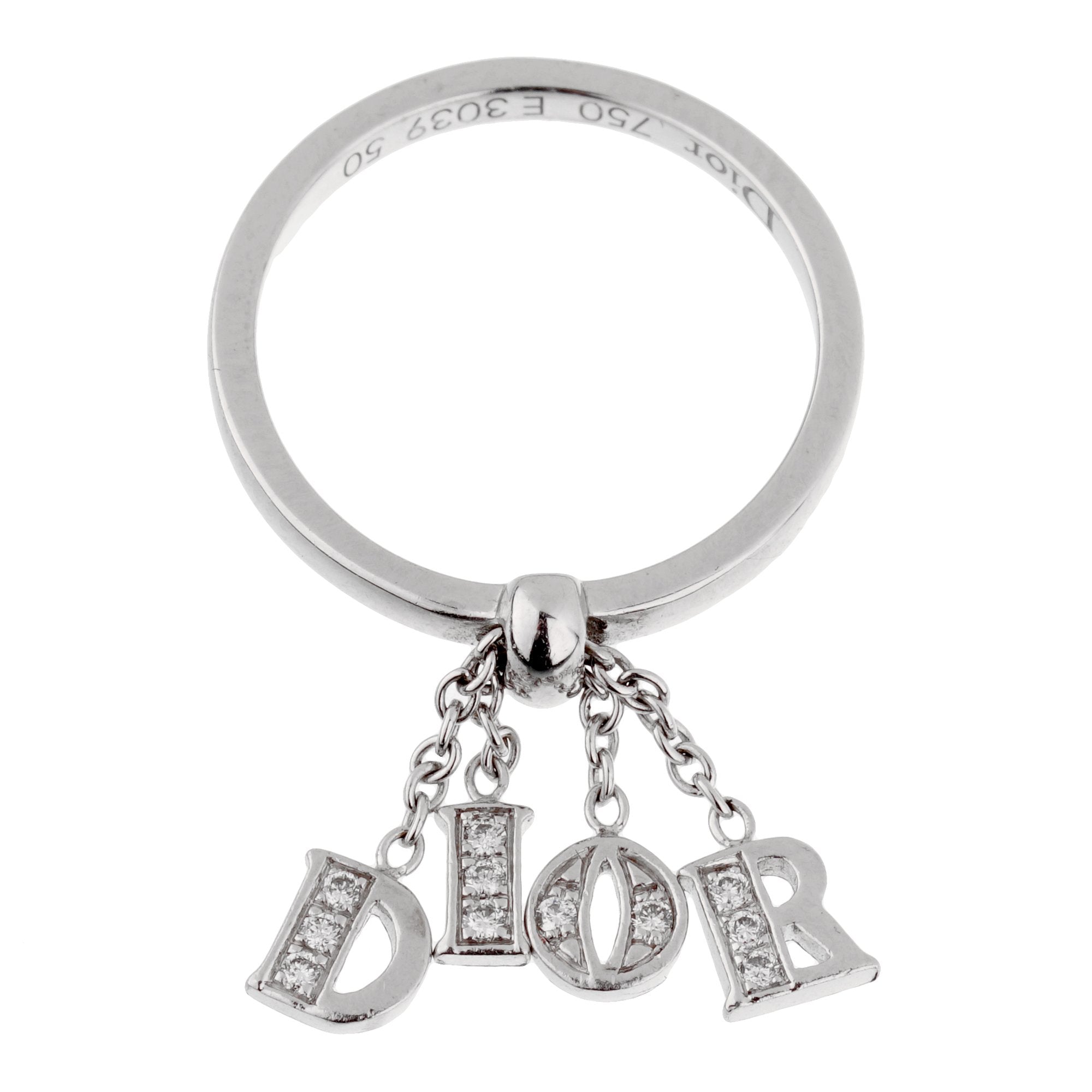 Dior 18k White Gold Diamond Dangling Ring On Sale