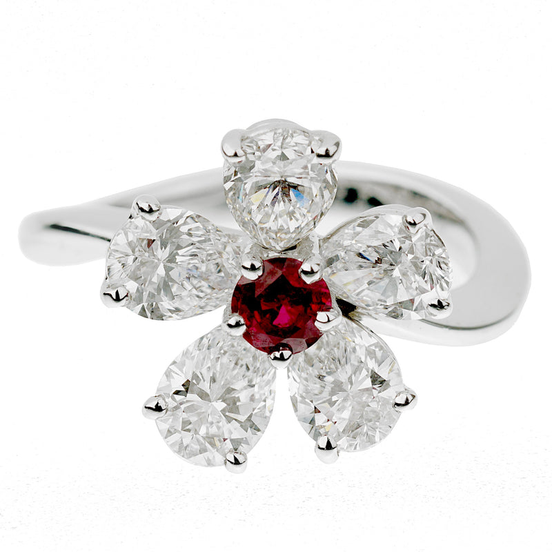 Graff Flower Ruby Diamond Cocktail Ring Sz 6 1GfF2656