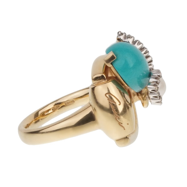 Gucci Diamond Horsebit Turquoise Pearl Yellow Gold Ring 0001832