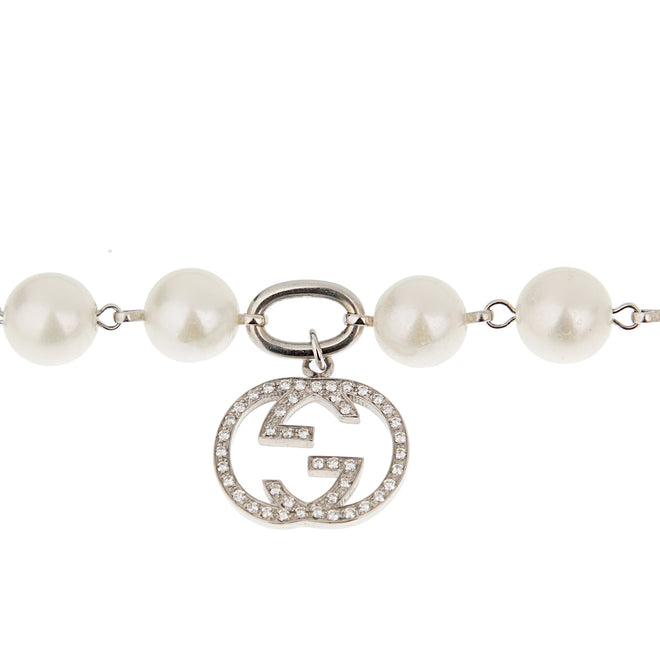 Gucci GG Diamond White Gold Pearl Charm Bracelet 0003299