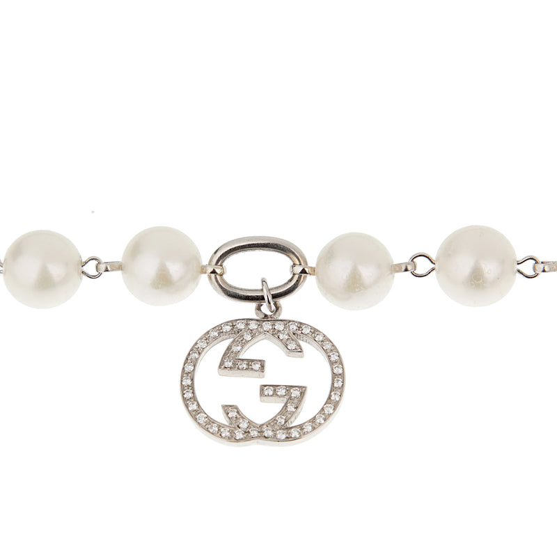 Gucci GG Diamond White Gold Pearl Charm Bracelet 0003299