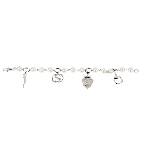 Gucci GG Diamond White Gold Pearl Charm Bracelet 0003299