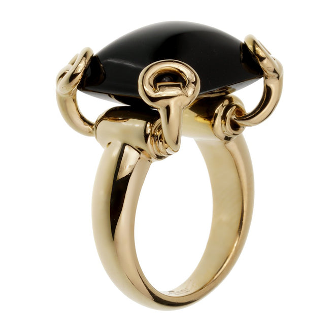 Gucci Horsebit Onyx Yellow Gold Cocktail Ring 0002574