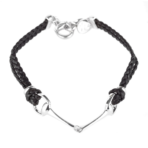 Gucci Leather Braided Horsebit Silver Bracelet 0000829