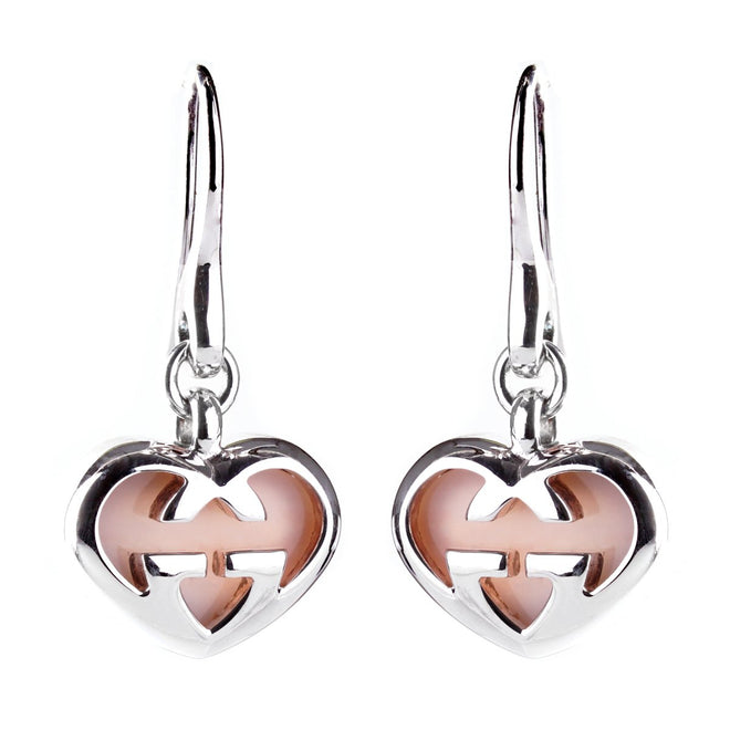Gucci Pink Opal Double G Silver Heart Earrings 0000812