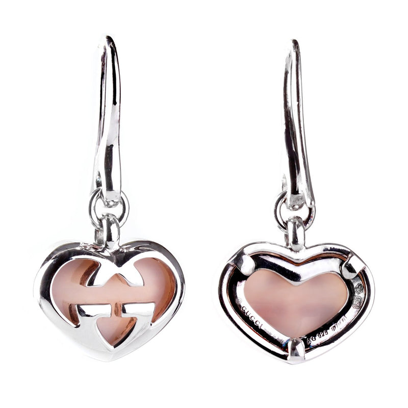 Gucci Pink Opal Double G Silver Heart Earrings 0000812