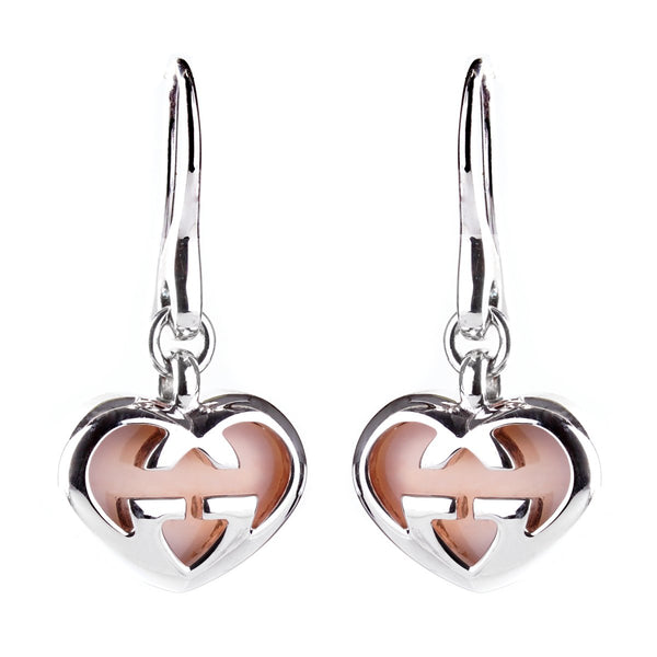 Gucci Pink Opal Double G Silver Heart Earrings 0000813