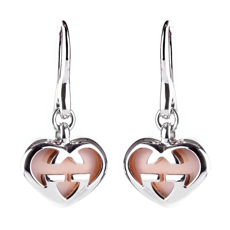 Gucci Pink Opal Double G Silver Heart Earrings 0000814