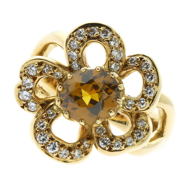 Hermes Diamond Citrine Flower Gold Ring 0000271