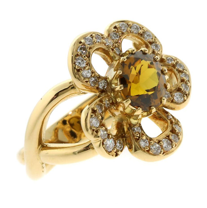 Hermes Diamond Citrine Flower Gold Ring 0000271