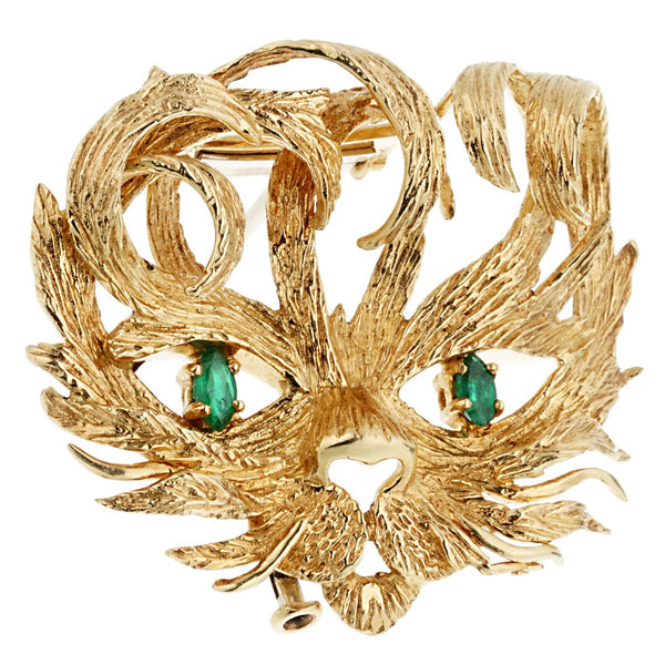 Hermes Mistigri Lion Cat Emerald Yellow Gold Brooch 0002655