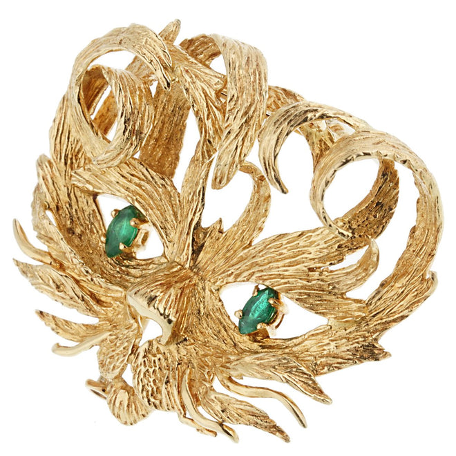 Hermes Mistigri Lion Cat Emerald Yellow Gold Brooch 0002655