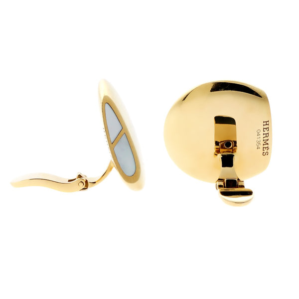 Hermes Mother of Pearl 18k Yellow Gold Earrings 0000888