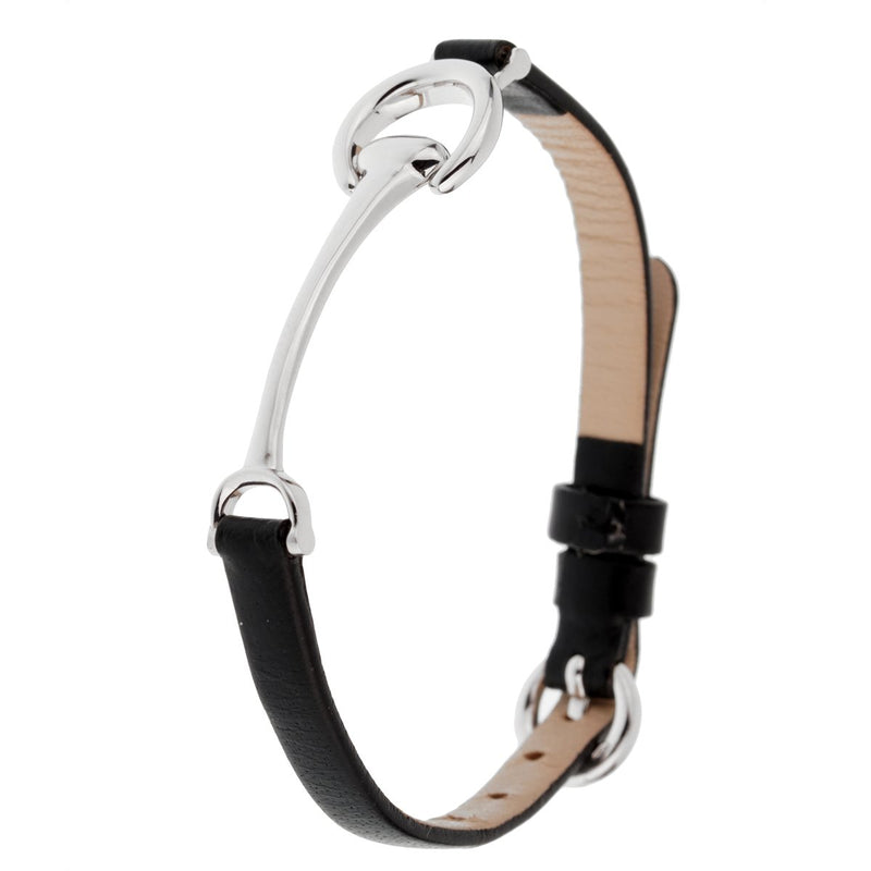 Ladies White Gold Black Leather Horsebit Bracelet 0002521
