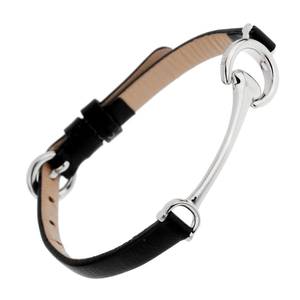 Ladies White Gold Black Leather Horsebit Bracelet 0002522