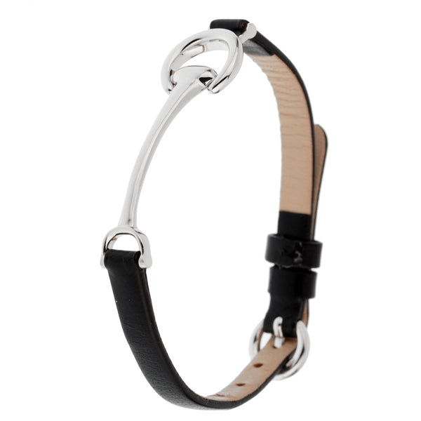 Ladies White Gold Black Leather Horsebit Bracelet 0002522