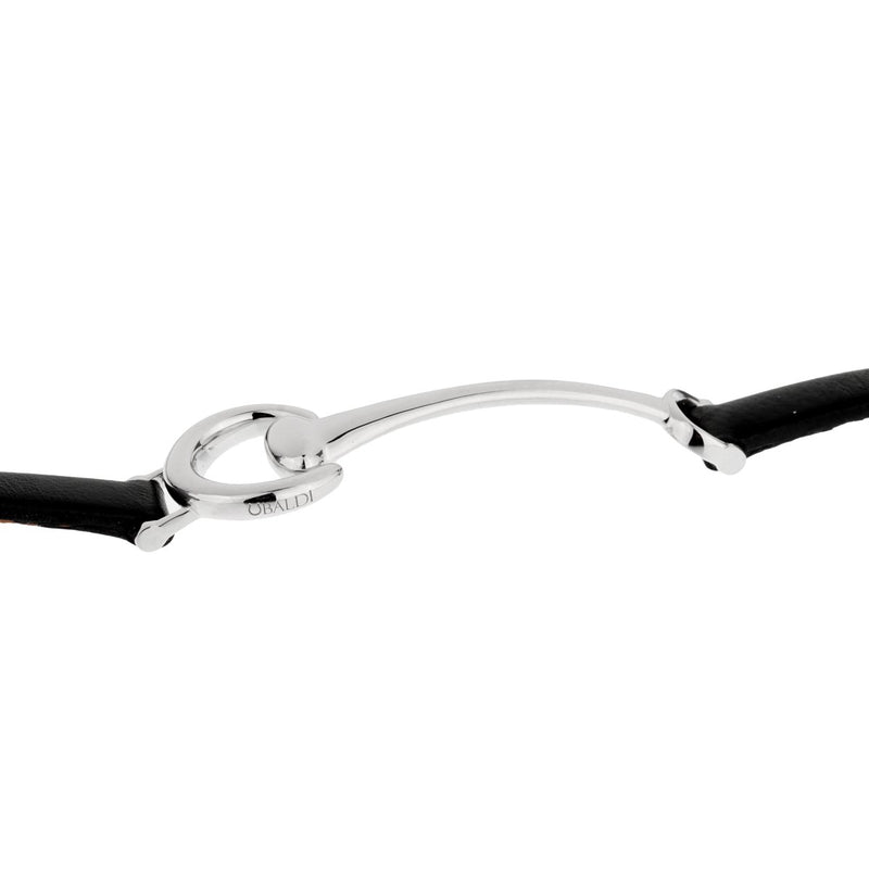 Ladies White Gold Black Leather Horsebit Bracelet 0002522