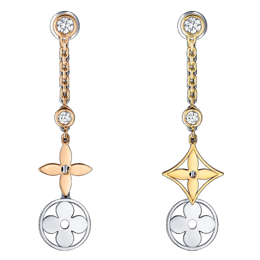 Idylle Blossom Xl Long Earrings, 3 Golds And Diamonds
