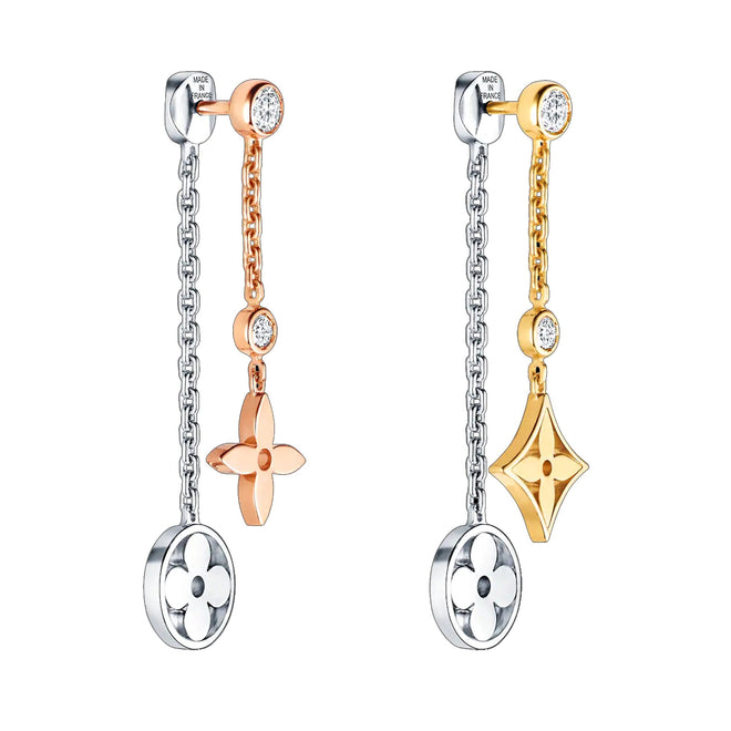 Louis Vuitton Blossom Monogram Long Diamond Gold Earrings