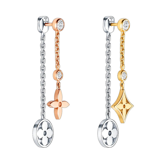 Louis Vuitton Blossom Monogram Long Diamond Gold Earrings 15ktfl