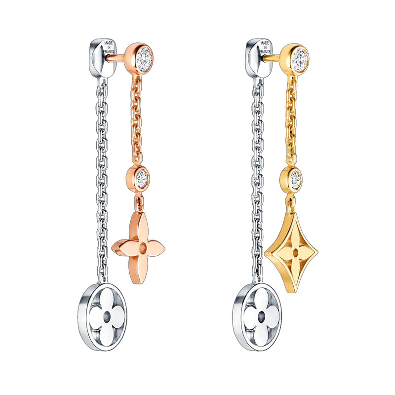 Louis Vuitton Blossom Monogram Long Diamond Gold Earrings 15ktfl