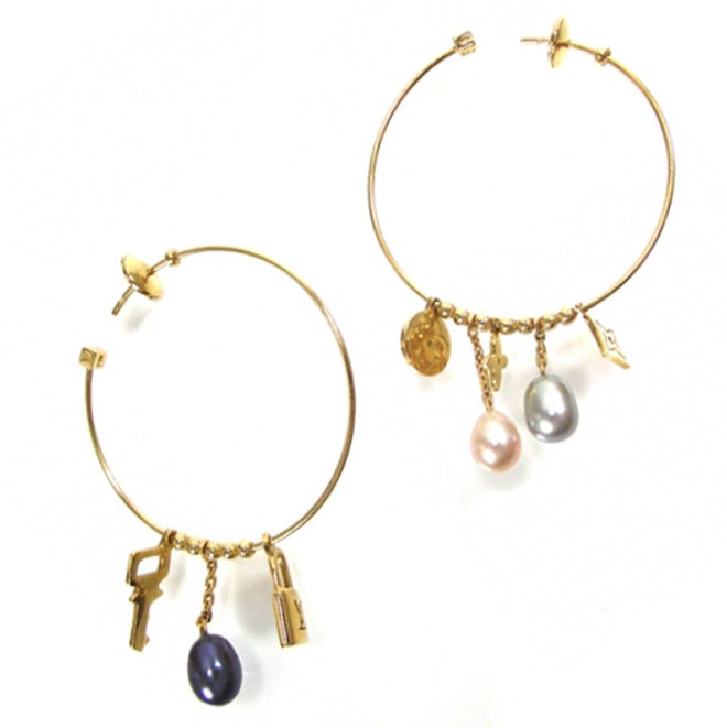 Louis Vuitton Charm and Pearl Yellow Gold Hoop Earrings !lv12k