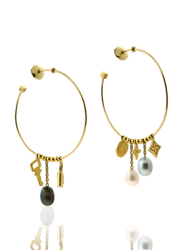 Louis Vuitton Monogram Medium Hoop Earrings with Pearls 18k Yellow Gold l1maasa