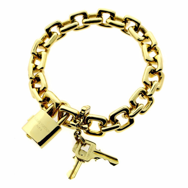 Louis Vuitton 18K Gold Luggage Padlock Charm Chain Bracelet