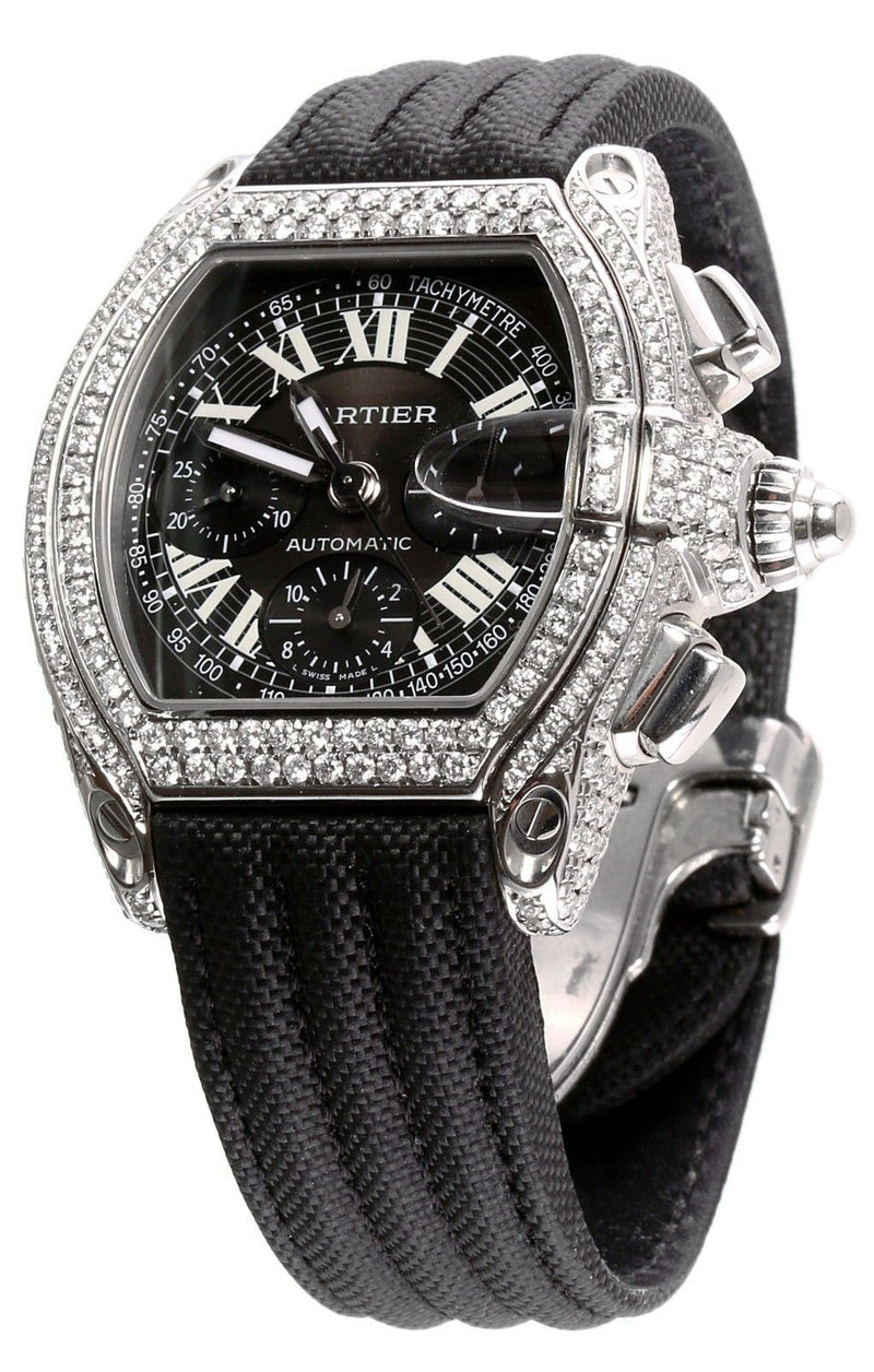 Mens Cartier Roadster Chronograph Stainless Steel Diamond Watch
