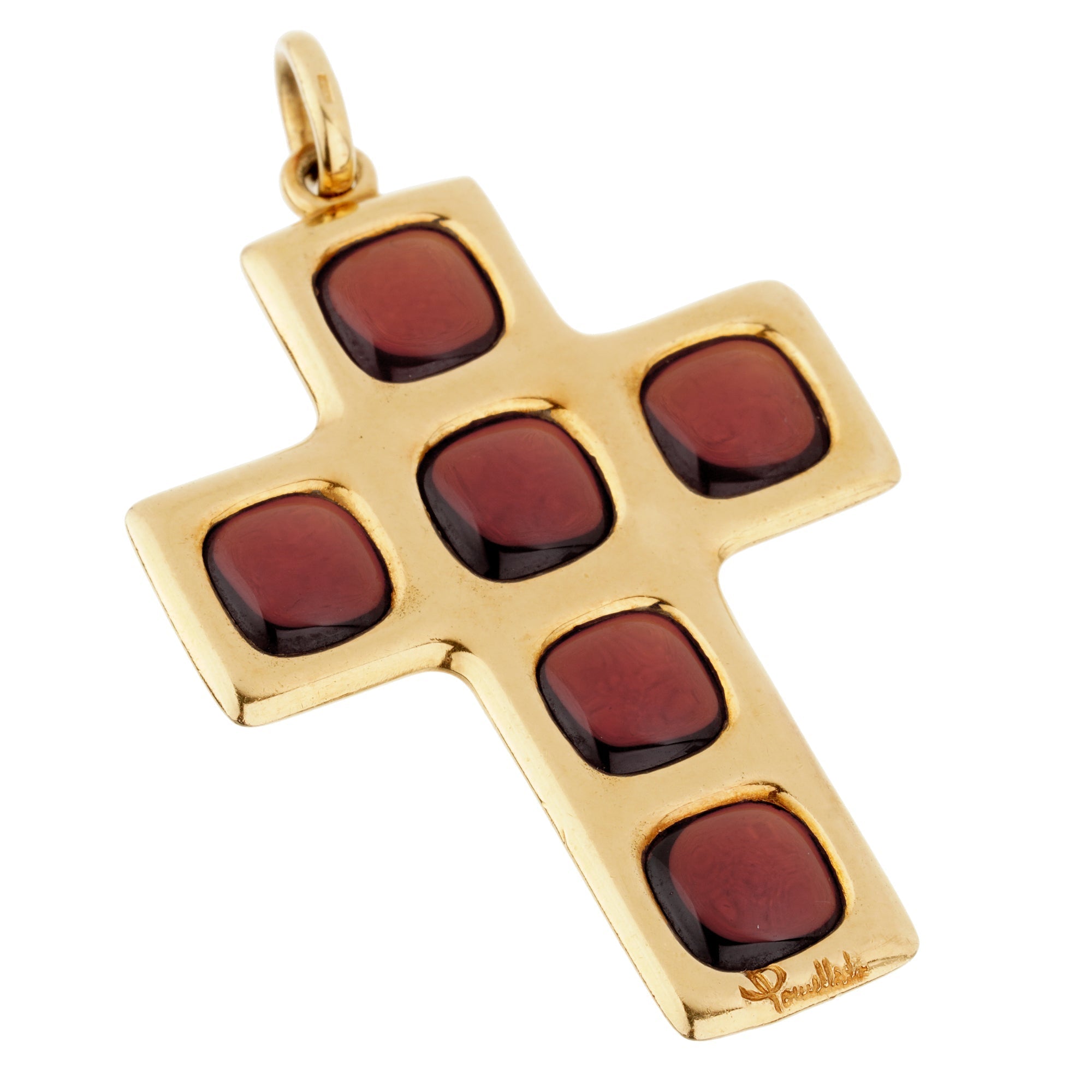 Pomellato Vintage Garnet Cross 18k Yellow Gold Necklace Pendant