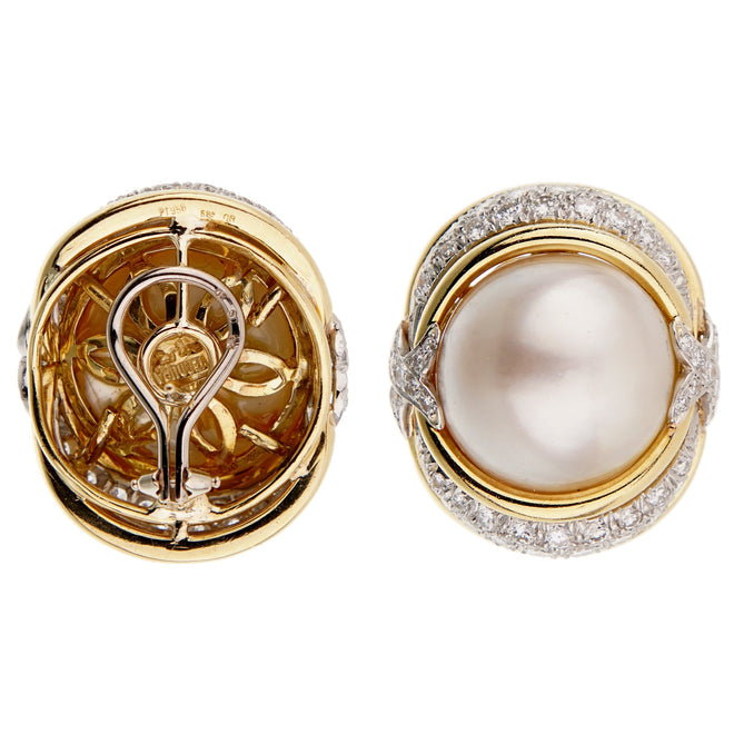 Verdura Pearl Diamond Yellow Gold Platinum Earrings 0002790