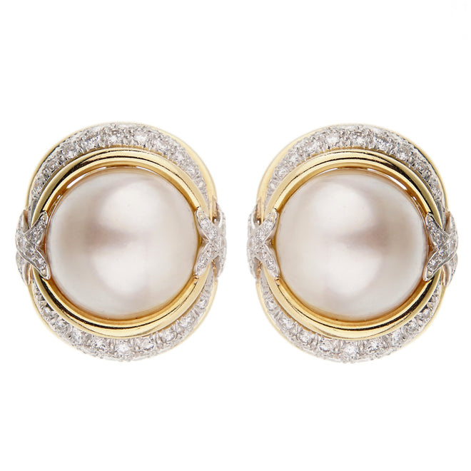 Verdura Pearl Diamond Yellow Gold Platinum Earrings 0002790