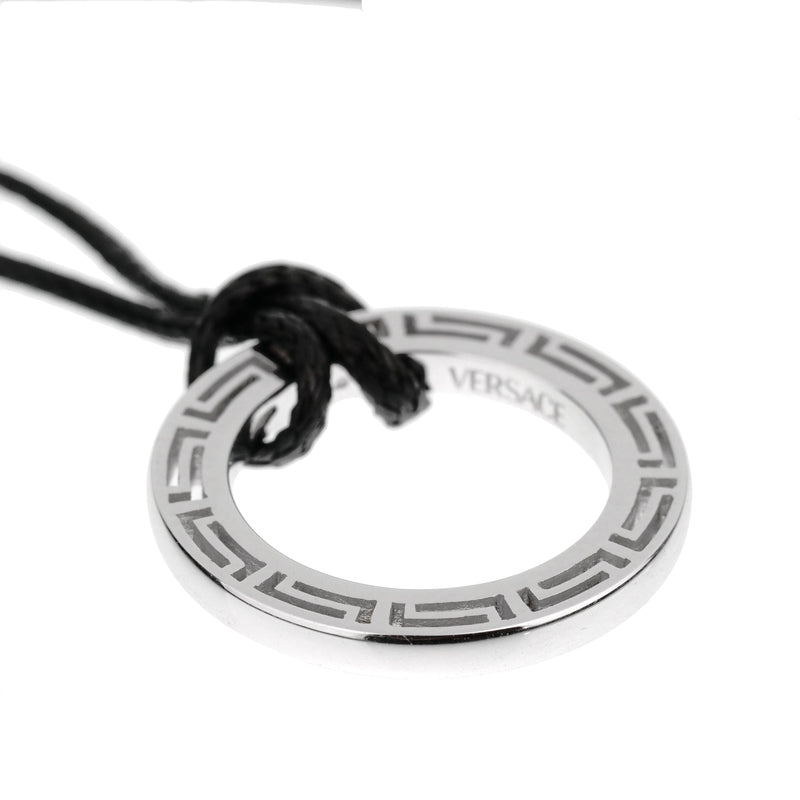 Versace Greek Key White Gold Pendant Leather Necklace 0003251